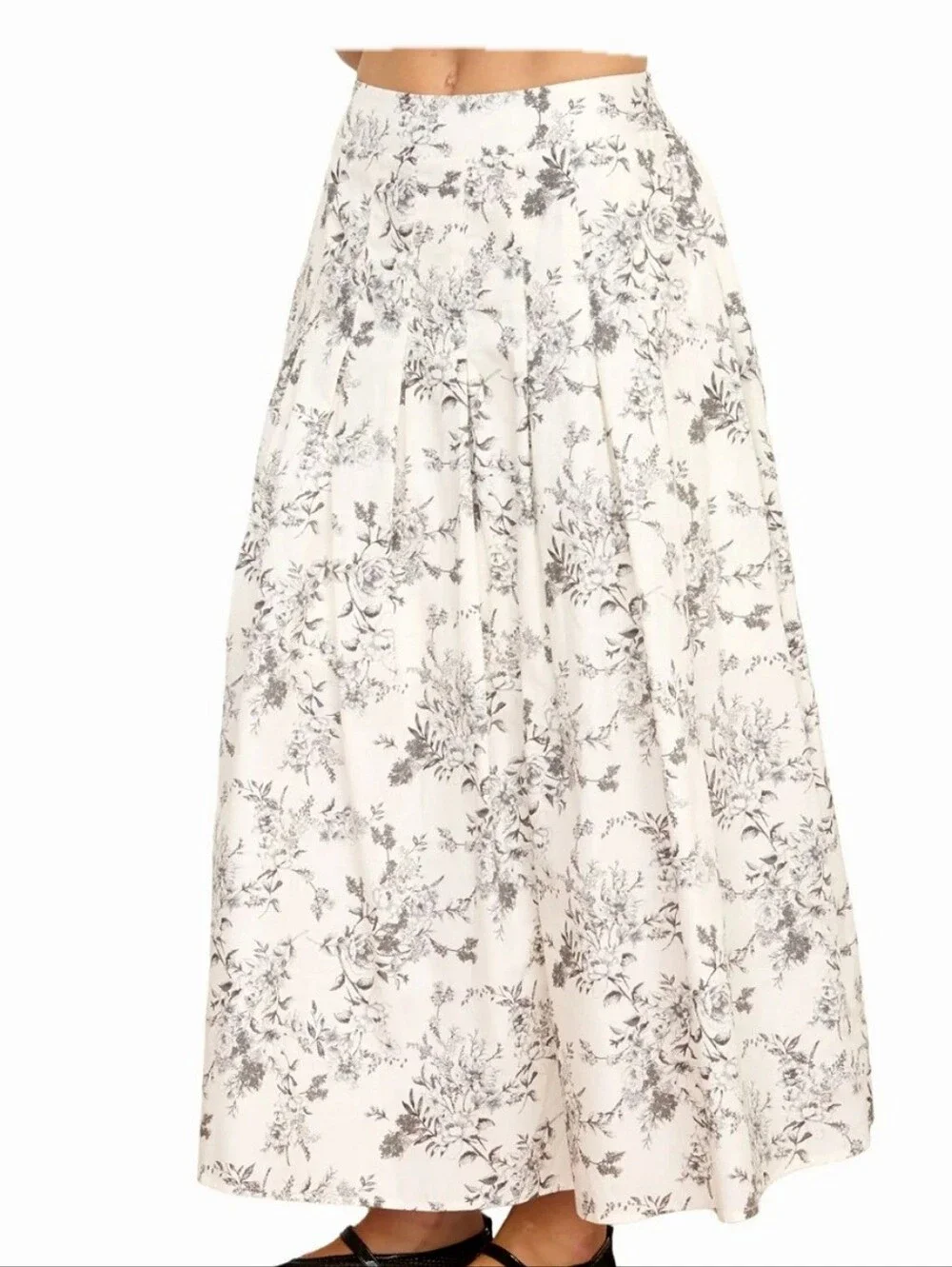 Moon River ivory Floral Toile banded waist cotton Pleated Midi Skirt size Medium